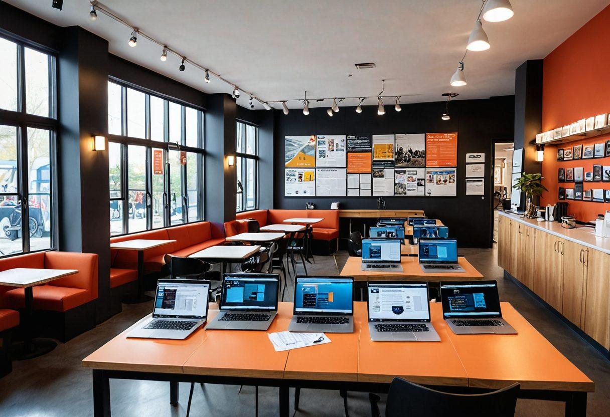 An inspirational scene of a diverse group of journalists working collaboratively on laptops in a modern, stylish café. Large windows show a vibrant urban landscape outside, filled with technology and communication symbols. On the tables, notes and digital devices depict effective blogging techniques, while a bulletin board in the background displays headlines and infographics. The atmosphere is bright and engaging, inviting a sense of innovation and knowledge-sharing. ultra-realistic. vibrant colors. modern design.