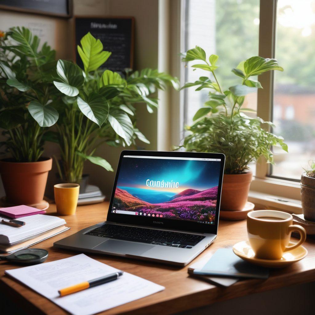 A serene workspace with a glowing laptop displaying an open digital journal, surrounded by vibrant stationery and a potted plant. The background includes a chalkboard with SEO keywords and a brainstorming mind map, symbolizing content creation. A steaming cup of coffee adds warmth, while soft, natural light floods the space, inspiring creativity. super-realistic. vibrant colors. cozy atmosphere.