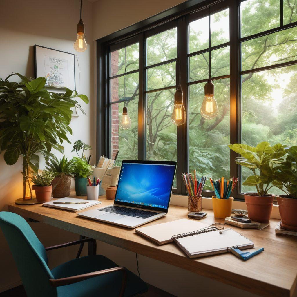 A serene workspace with a laptop displaying a vibrant блог post, surrounded by notebooks and colorful pens. A light bulb hovering above representing ideas and creativity, with an inspiring view of nature outside the window. Emphasize a harmonious blend of technology and nature, showcasing both creativity and productivity. super-realistic. vibrant colors. 3D.